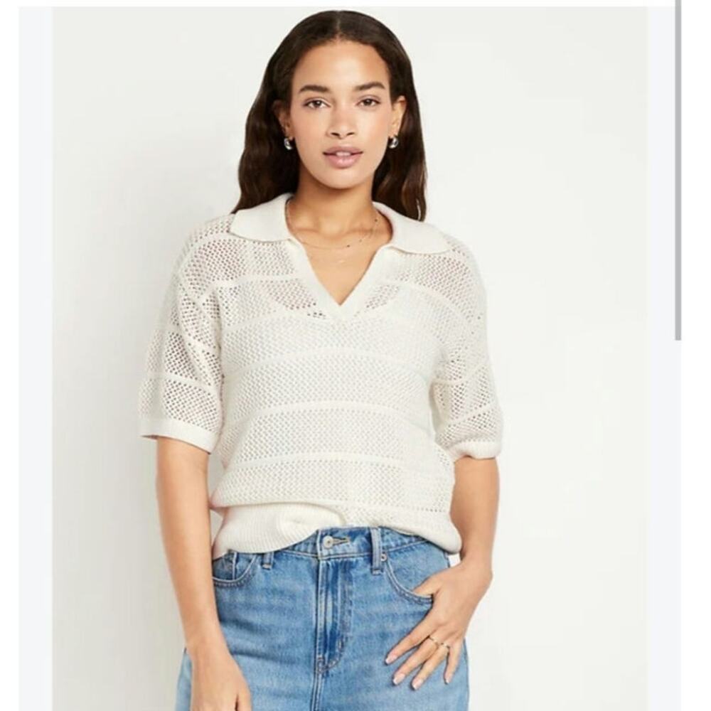 Old Navy Open Stitch Polo Sweater White Cream Knit Large 100% Cotton